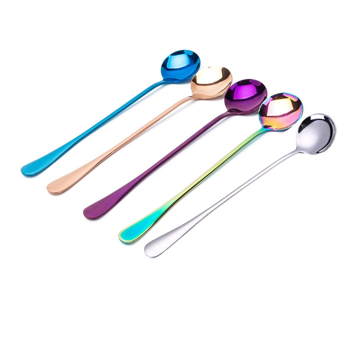 Long Handle Magic tea Spoon Stainless Steel multicolored rainbow Spoon Iced Tea Spoons for Mixing Ice Cream Coffee Spoon Milkshake Dessert Spoon Cocktail Stirring Spoons set of 5