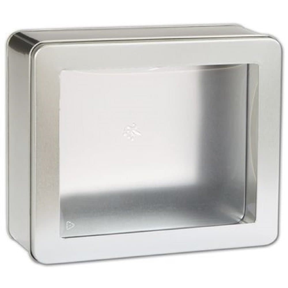 8" x 6 3/4" x 3 1/8" Medium Silver Rectangle Vu-Top Window Metal Tin Box with Slip Lid for Cookies or Storage or Gift