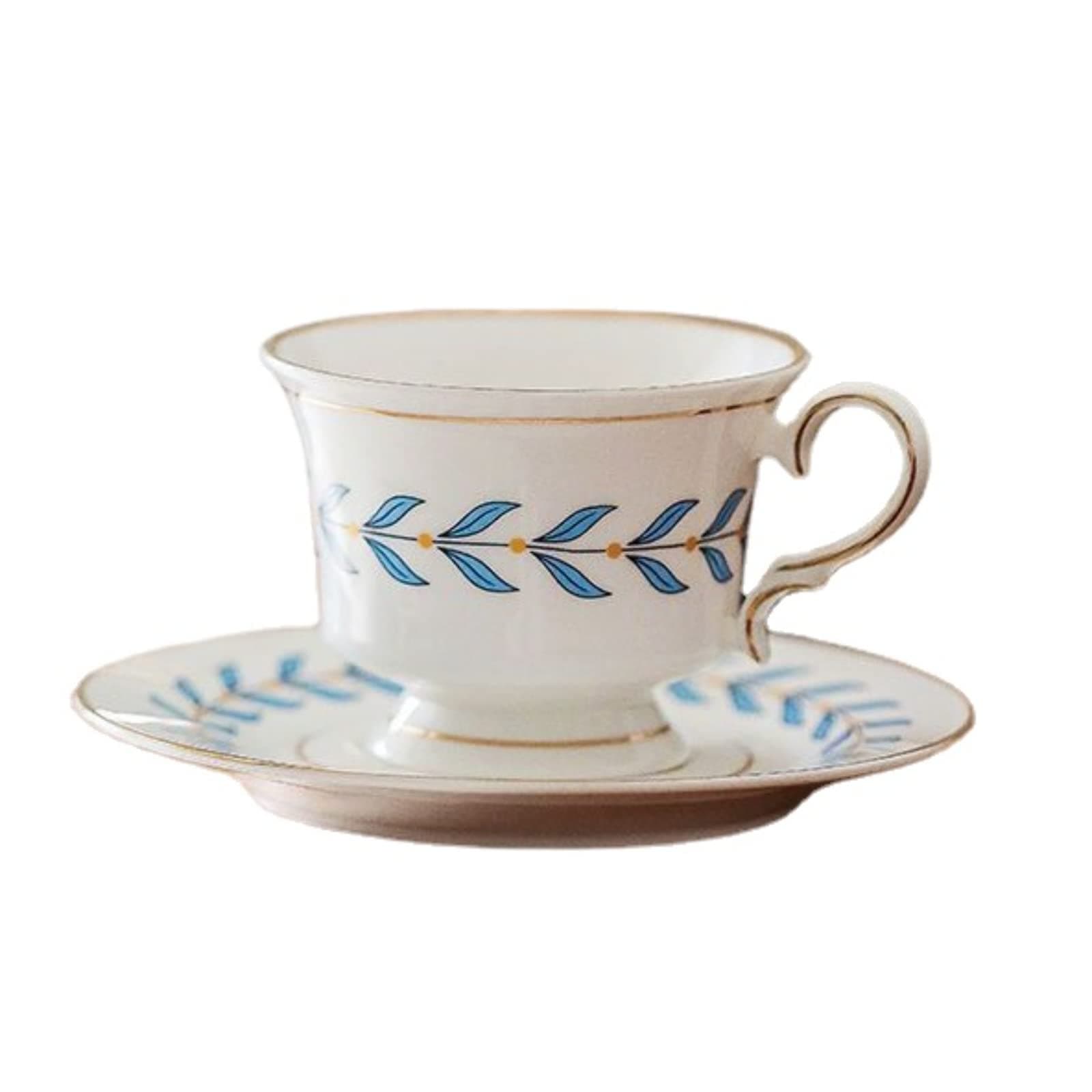 FPlace White Ceramic Coffee Cup Set Tea Cup with Handle with Saucer Cute Vintage European Style Elegant (BlueLeaf)