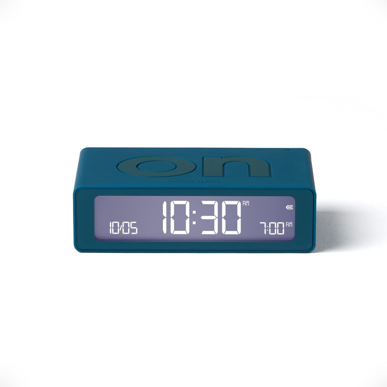 Lexon Flip Mini digital alarm clock, On Off LED clock with Adjustable Brightness, Rechargeable or Mains Powered, Sleek Retro Bedroom Decor Ideal for Alarm Clocks Bedside Use - Duck Blue