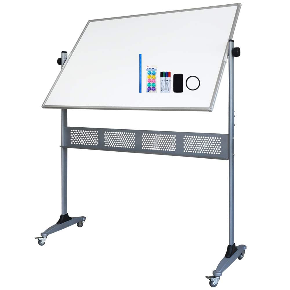 XIWODE Double-Sided Magnetic Mobile Whiteboard, Large Rolling Dry Erase Board on Wheels, Portable White Board Planner with Stand, 48 X 36 Inch, Silver Aluminium Frame