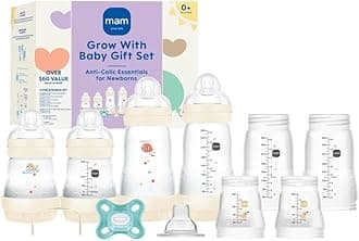 MAM Baby Gift Set, Best Pacifier & Baby Bottle for Breastfed Babies, Grow with Baby' Set, Unisex, 19Count, White, 5 oz. & 9 oz. Bottles