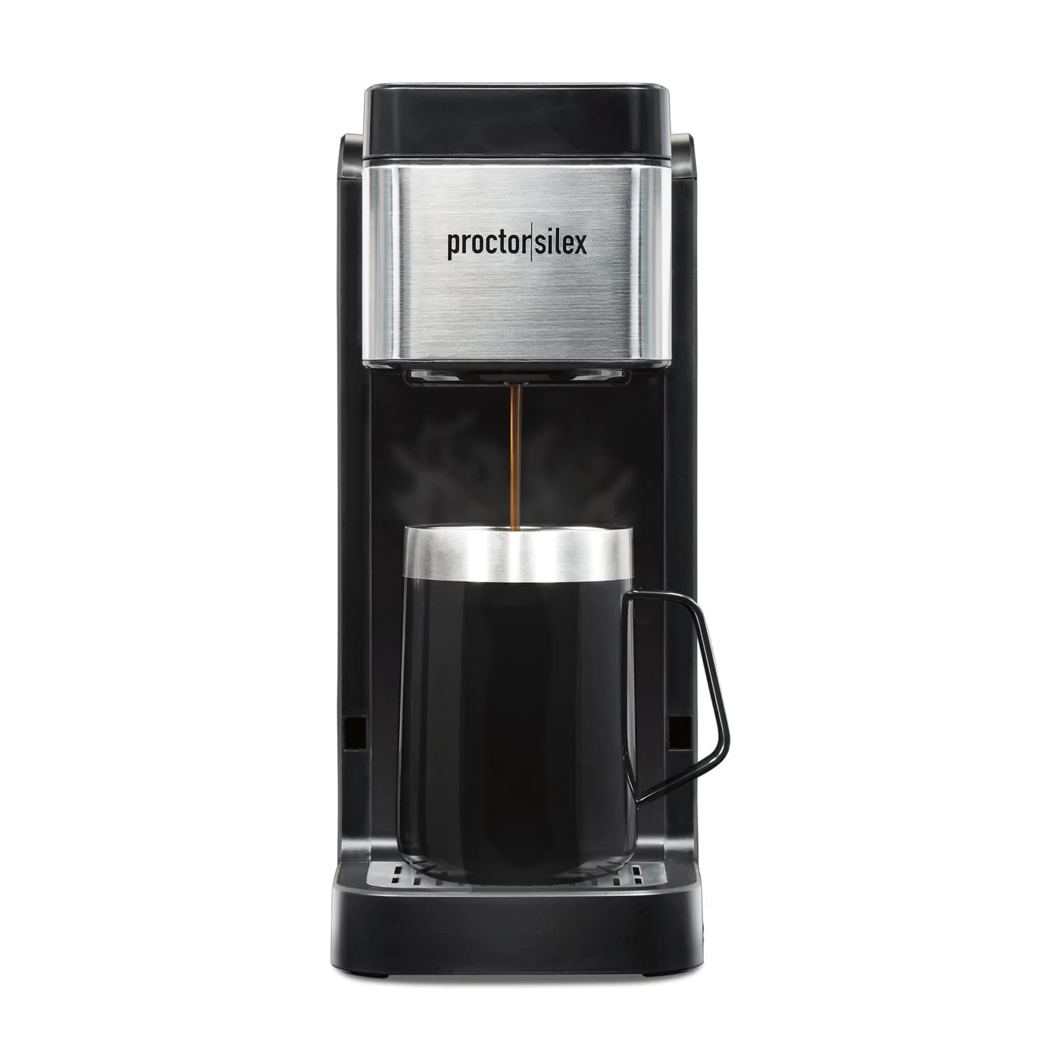 Proctor SilexSingle-Serve Coffee Maker Compatible with Pod Packs and Grounds, 40 oz. Reservoir Makes Four 10 oz. Cups Without Refilling, Black & Stainless Steel (49919)