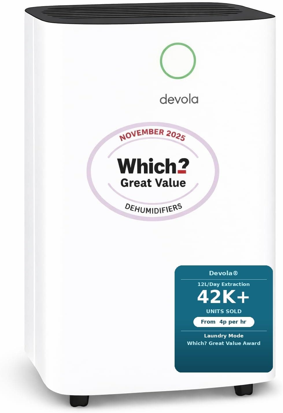 Devola 12L/day Low Energy Dehumidifier, Quiet & Energy Efficient (costs less than 5p per hour) Dehumidifiers for Home, Laundry Drying Dehumidifier, Dust Filter -WHICH? BEST BUY AWARD