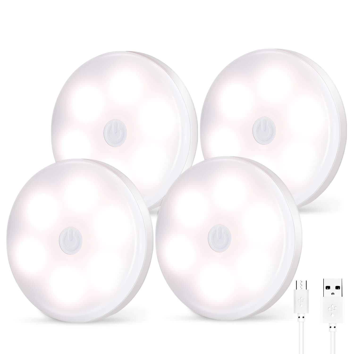 ARVIDSSON 2020 New Version - USB Rechargeable LED Puck Lights 4 Pack, Wireless Under Cabinet Lighting, Touch Dimming Night Light, Under Counter Lighting, Stick-on Closet Lights