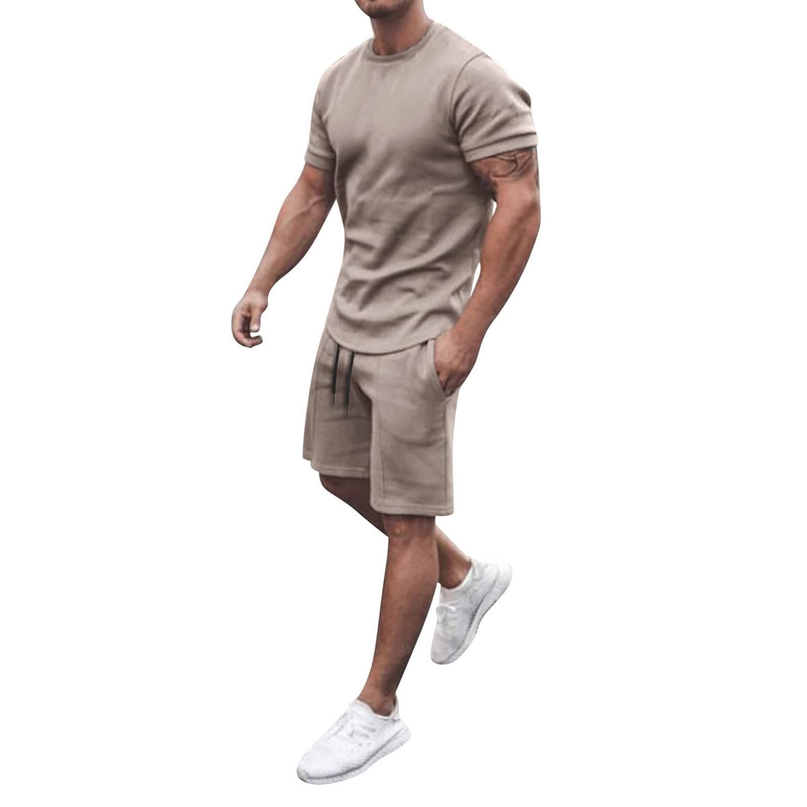 GenericMen's Tshirt Shorts 2 Sets,Solid Color Tracksuit Outfits,Short Sleeved Crew Neck T shirt with Drawstring Knee Shorts with Pockets,Sportswear Beach Sets Co Ord Sets