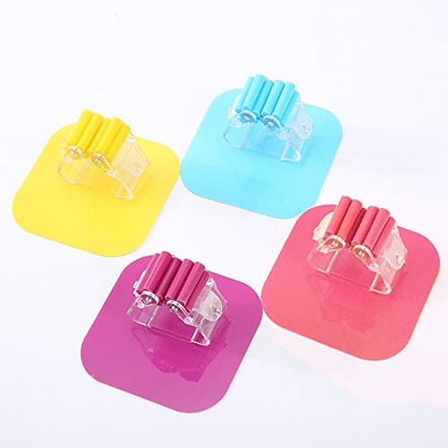 Broom Mop Tools Holder Grippers Wall Mounted Organizer Storage Rack Hanger Hooks Strong Self Adhesive Clip Holders Organization for Home Office Garden BMH01 (Pink+Blue+Yellow+Purple, 4)