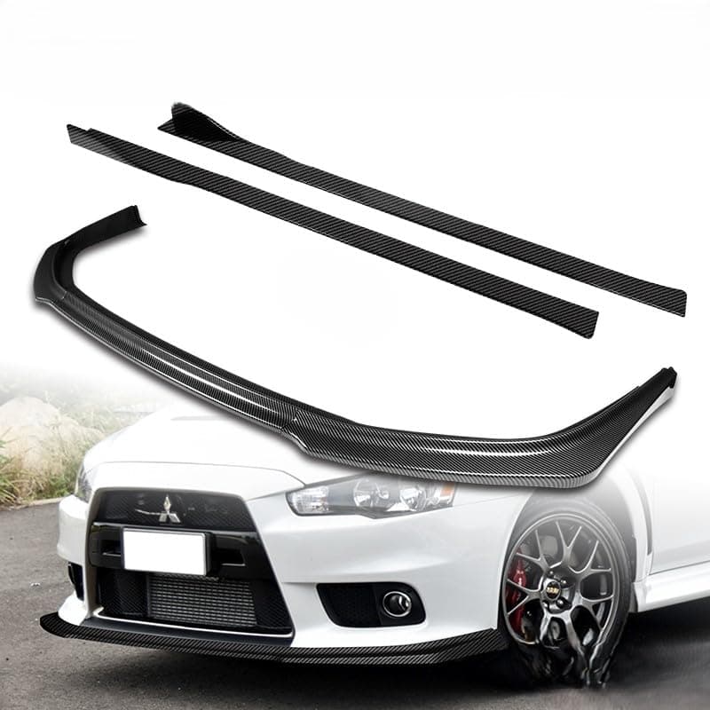 Stay-Tuned, 9PCS ABS R-Style Front Bumper Lip Spoiler Body Kit + Universal Side Skirts, Compatible with 2008-2015 Mitsubishi Lancer Evolution EVO X, Exterior Accessory (Carbon Painted)