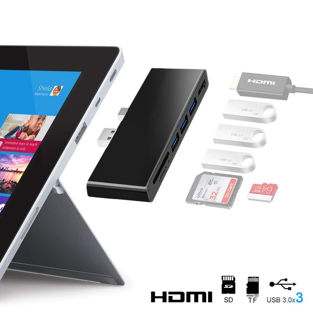 Opluz Surface Pro 4 USB 3.0 Hub, 3-Port USB Mini DP Adapter Fast Speed 5Gbps, Built-in SD/TF Memory Card Reader 4K HDMI Converter Docking Station Compatible with Microsoft Surface Pro 4 - Black