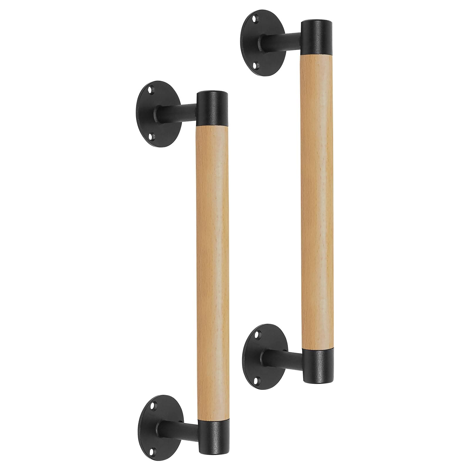 2 Pack 12 Inch Wooden Sliding Barn Door Pull Handles W/T Metal Brackets - Wood Grab Bars Gate Pulls for Shed Garage, Fence, Patio, Pantry, Closet Cabinet Furniture Door Pulls