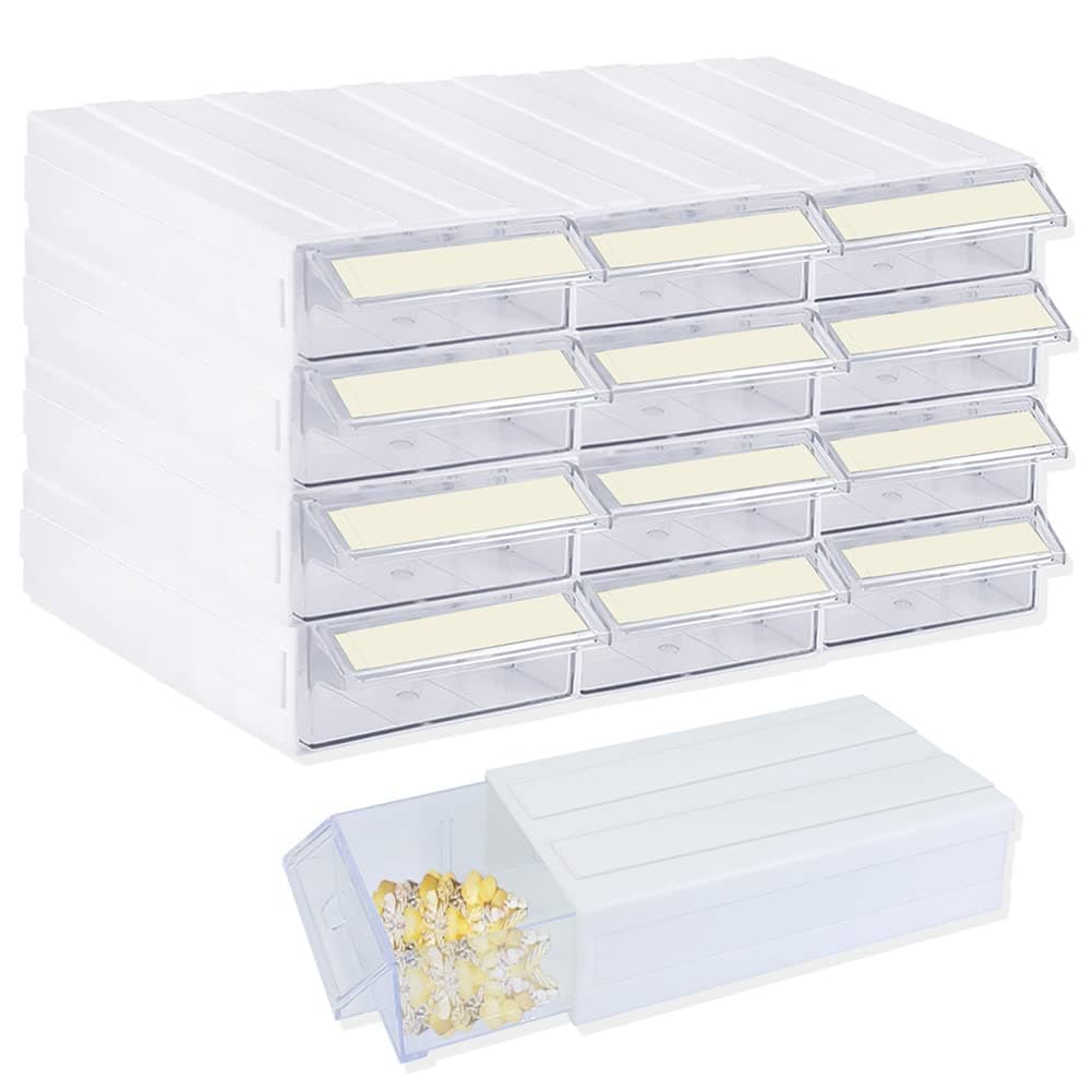 12 Drawer Stacking Storage Cabinet, Plastic Stacking Drawer with 24 Dividers&12 Tag Cards Multi Compartment Organizer Storage Container for Jewelry, Craft DIY, Bead, Small Items(12,WHITE)