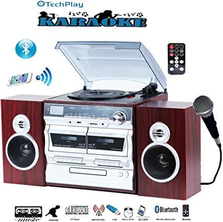 TECH-PLAY Karaoke Enabled 30W RMS Retro Classic Turntable NFC Bluetooth Double Cassette Player/Recorder CD MP3 Player and Full Remote Control