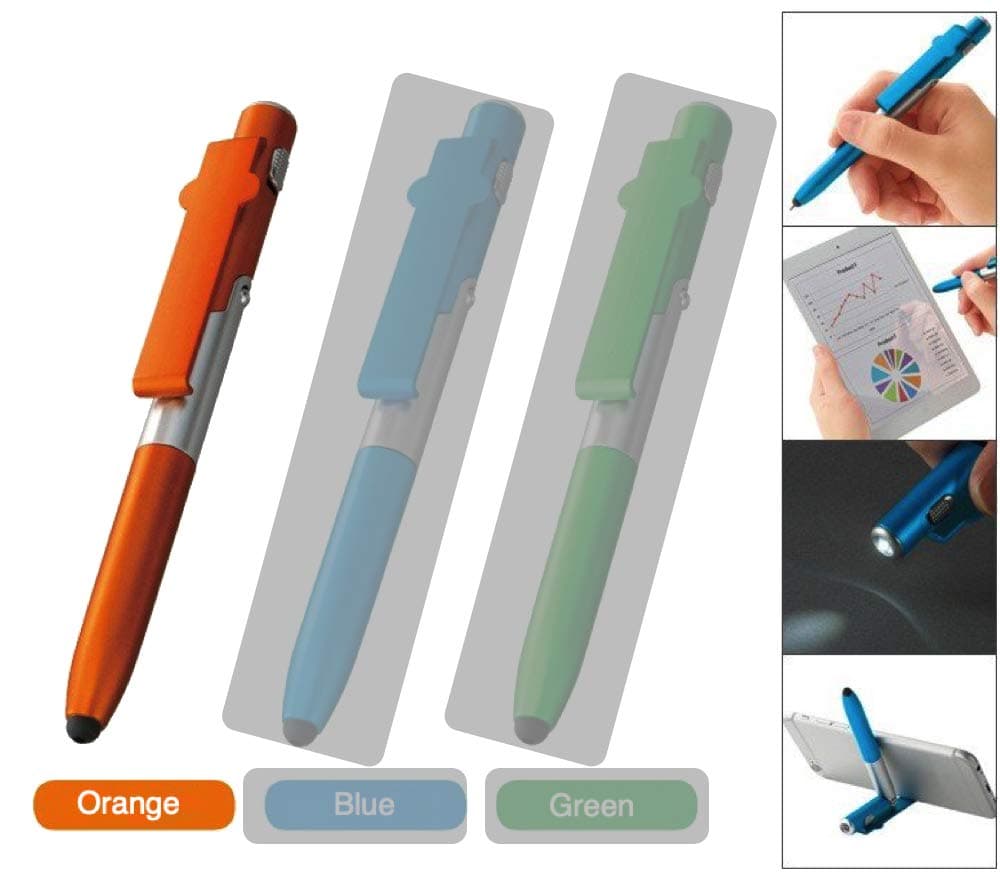 4 in 1 Multi Function Phone Stand Ballpoint Pen (Orange) with Stylus for Touch Screen Devices, Tablet, iPad, iPhone and Build-in LED Light Function