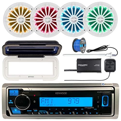 Single DIN Marine Bluetooth CD Receiver Bundle Combo with Radio Cover, 4x Enrock 6.5" 2 Way 180W LED Speakers (White), Satellite Radio Tuner Kit, Radio Antenna, 50 Foot 16-G Tinned Speaker Wire