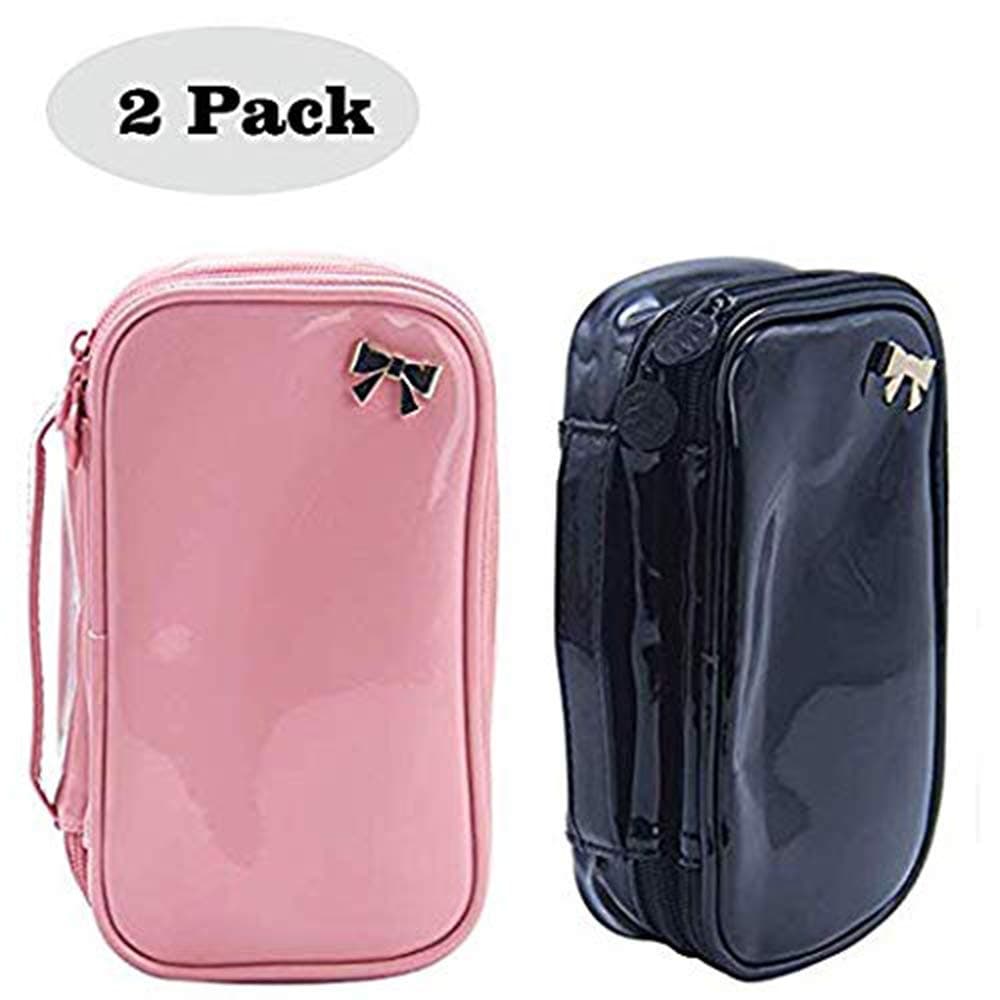 Small Cosmetic Bag Makeup Brush Organizer 2 Layer Makeup Pouch (E:Black and Pink)