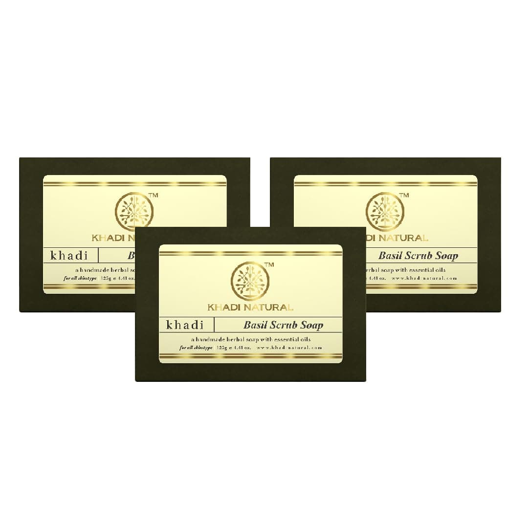 Basil Scrub Herbal Soap | Handmade Bath Soap with Essential Oils | Helps Cleanse Skin & Maintain Softness | Gentle Exfoliating Bath Soap | Suitable for All Skin Types | Pack of 3 | 125g Each