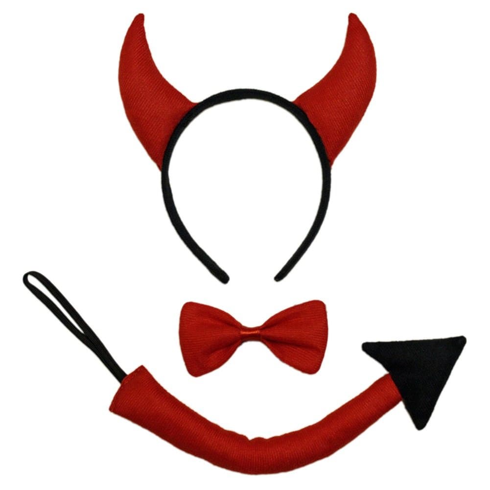 Red Devil Horns, Tail, & Bow Tie Costume Set - Halloween Costume Party Kit