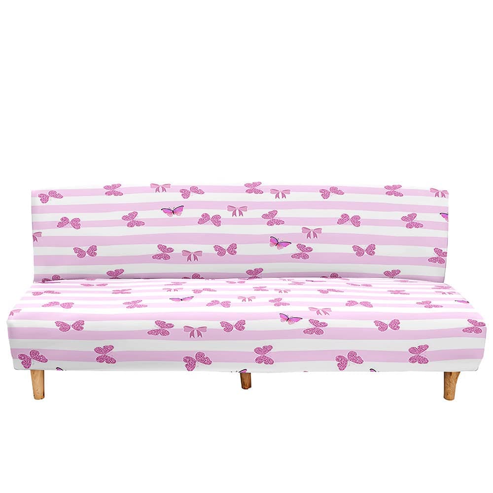 Mateju Armless Sofa Bed Cover, Butterfly Pattern Folding Sofa Bed without Armrests, Non Slip Stretch Futon Slipcover Protector for 2-3 Seater, Washable Couch Bed Slipcovers (pink,190-230cm)