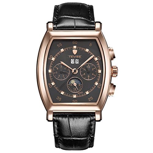 Automatic Watches for Men Leather Strap Waterproof Week Date Watch Square Dial Moon Phase Mechanical Wristwatch