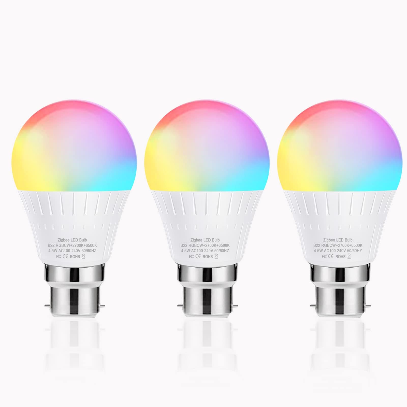 Zigbee Smart Bulb, Alexa Light Bulbs B22 Bayonet, LED Lights G45 Colour Changing Light Bulb, Dimmable RGBCW, Works with Alexa Echo Plus (2nd) Philips Hue and Samsung SmartThings, 3 Packs
