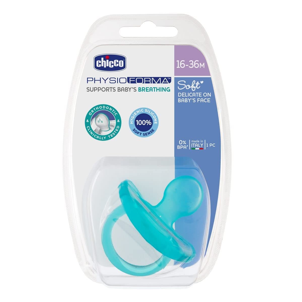 Chicco Physio Soft Baby Soother with Unique Shape to Support Psychological Breathing, Teether & Pacifier for Toddlers, BPA Free, 16-36M (Blue)