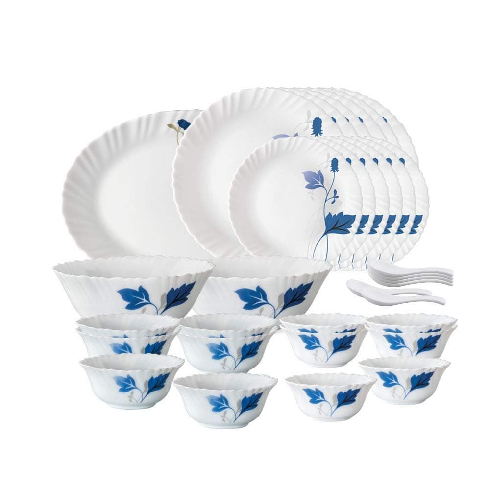 Larah by BOROSIL Opalware Glass Dinner Set - 33 Pieces, White & Blue