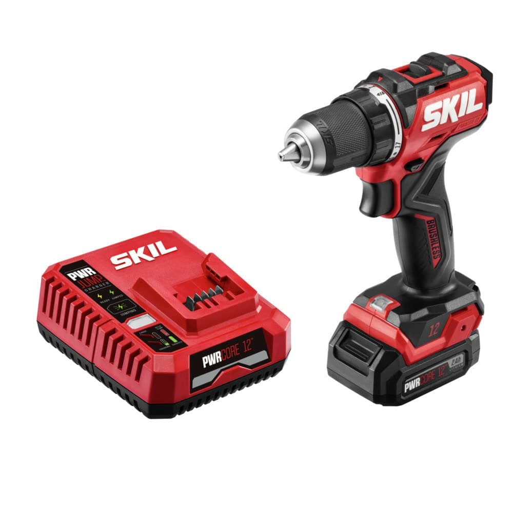 SKIL PWR CORE 12 Brushless 12V 1/2" Compact Variable Speed Drill Driver Kit with 1/2" Single Sleeve, Keyless Chuck & LED Work Light with 2.0Ah Battery and PWR JUMP Charger - DL6290A-10