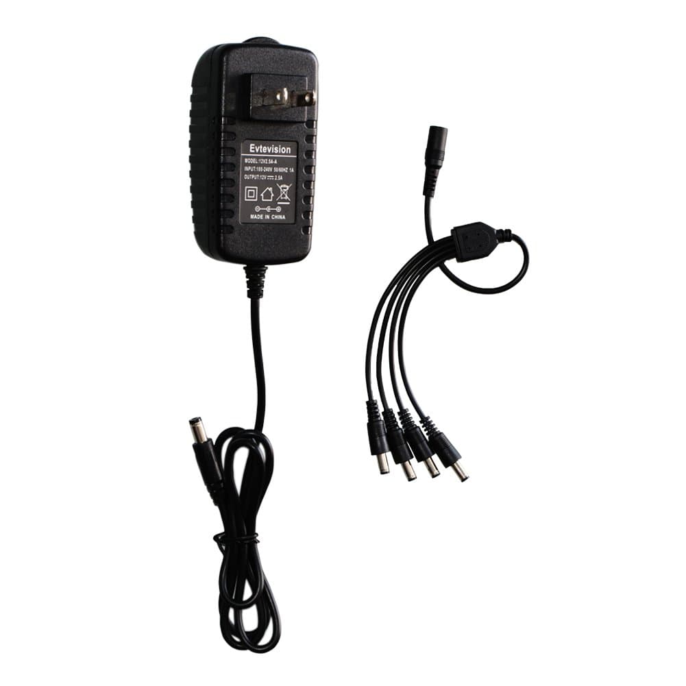 Evtevision Security Camera Power Adapter 12V 2.5A 100V-240V AC to DC Power Supply with 4-Way Power Splitter Cable -Fits Analog/AHD/IP/HD TVI CVI Camera