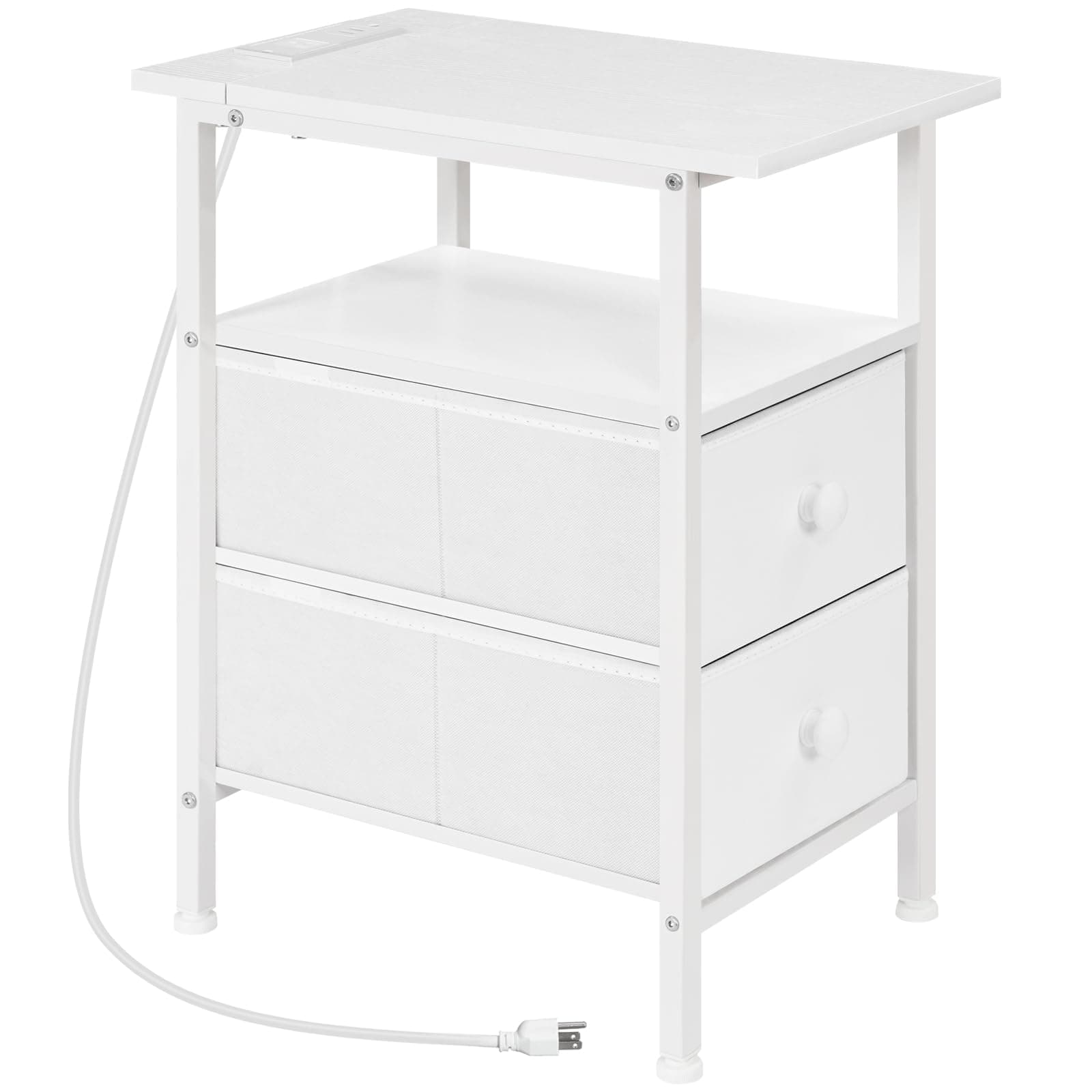 End Table with Charging Station, Narrow Side Table, Nightstand with 2 Non-Woven Drawers, Slim Sofa Side Table, for Small Spaces, Living Room, Bedroom, White WT486UBZ01