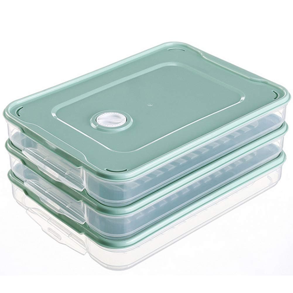 1 Set Rectangle 3-Layer Food Storage Organizer Dumpling Containers Refrigerator Storage Box with Lid&Plastic Handle Green