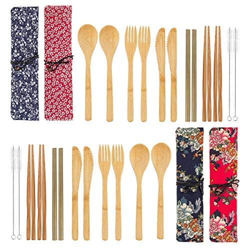 4 Pack Bamboo Cutlery Set | Flatware Set | Reusable Portable Utensils Travel Cutlery Set (Bags, Forks, Knives, Chopsticks, Spoons,Straws and Brushes) for Camping and BBQ (B)