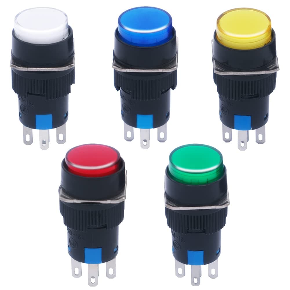 5pcs 16mm DC12V Momentary LED Push Button Switch Round Cap 1 NO 1 NC SPDT ON/Off Switch with Lamp 5 Color Light CB16AY-11D-DC12V