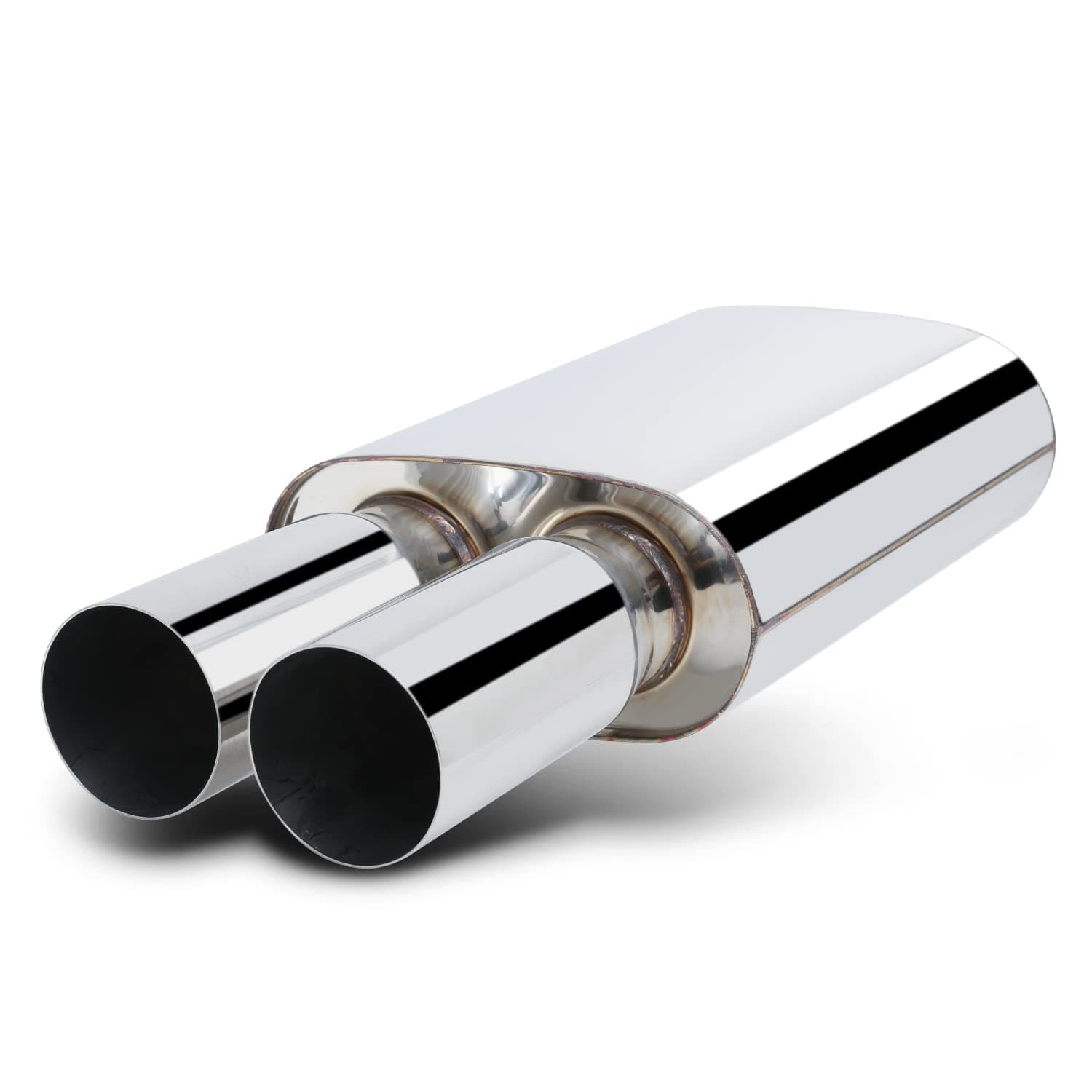 M-AUTO Universal Chrome Welded Muffler, 2.5" Inlet and 3" Outlet Heavy Duty Stainless Steel Direct Fit Exhaust Muffler Assembly, 20" Overall Length