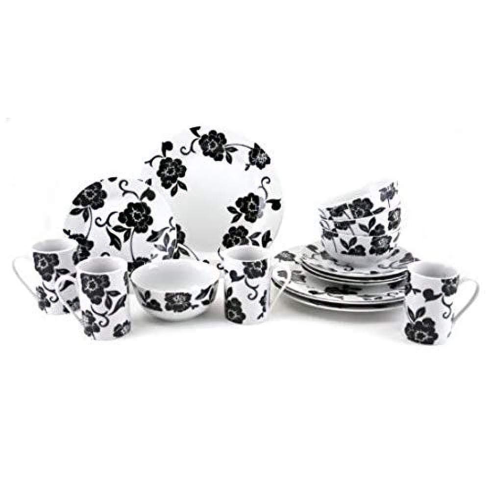 16 Piece Vivienne Dinner Set, Service for 4 Dinnerware Set with Elegant Design, 16 Pieces, Black & White