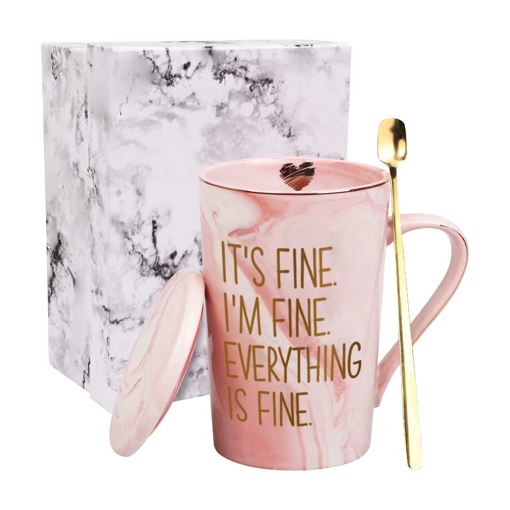 Bubble HugsIt's Fine Everything Is Fine 13.5 oz Mug, Inspirational Gift Idea For Women Mom Sister Bestie Coworker Mother's Day, Pink Marble