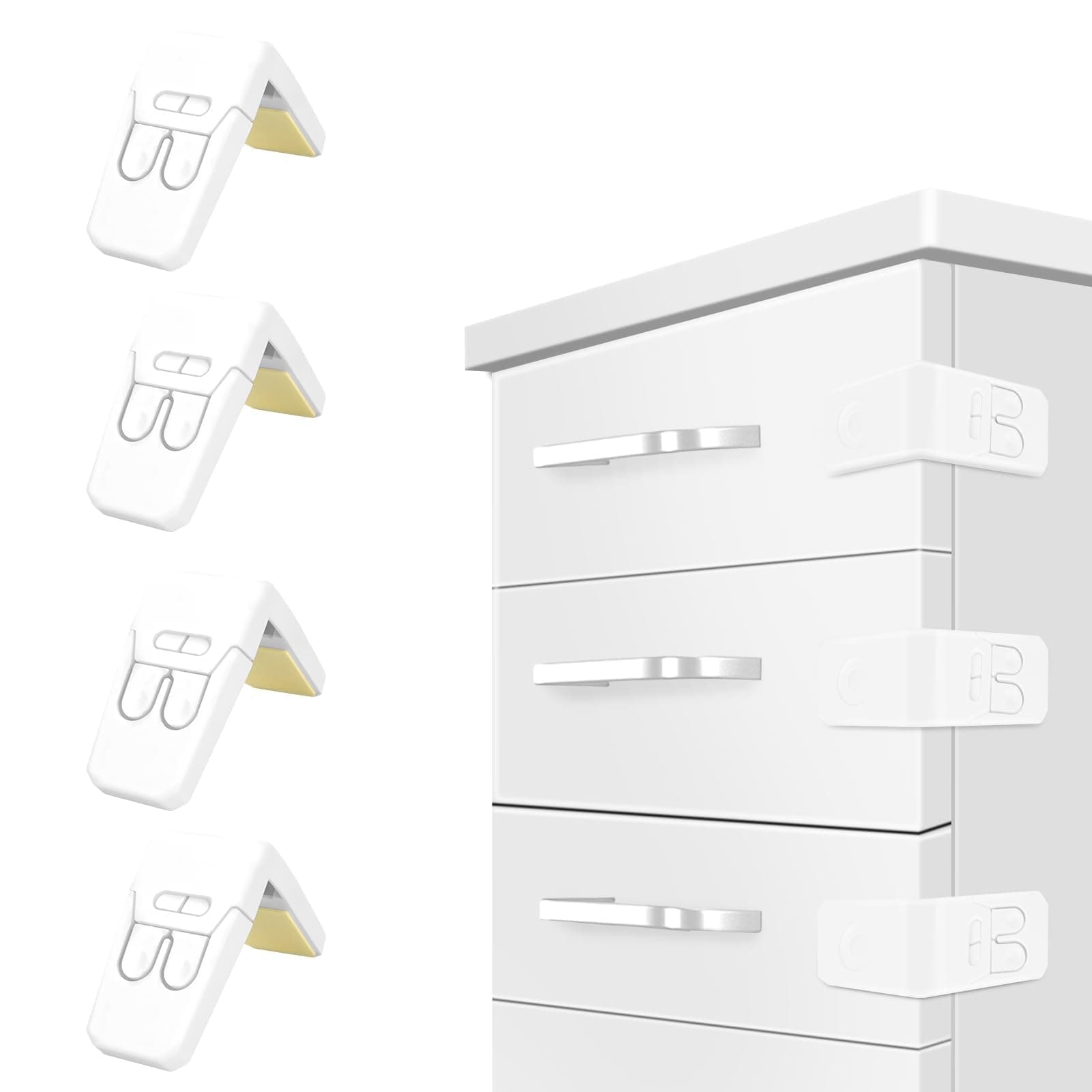Azonee Cabinet Locks For Babies, 4 Pcs Safe Drawer Locks, Baby Proofing Angle Type Lock, Child Safety Cabinets, Dual-Button Corner With Strong Adhesive