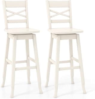 30-Inch Bar Height Stool Set of 2, Rubber Wood Swivel Bar Stool with Inclined Backrest, Curved Seat & Footrest, Bar Chair for Kitchen Island & Pub (2, Cream)