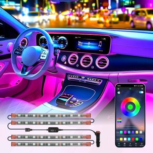 Car LED Lights,Smart App Control,RGB Inside Car Lights DIY Dynamic Color Music Mode 4Pcs Strip Lights for Cars with Car Charger, DC 12V