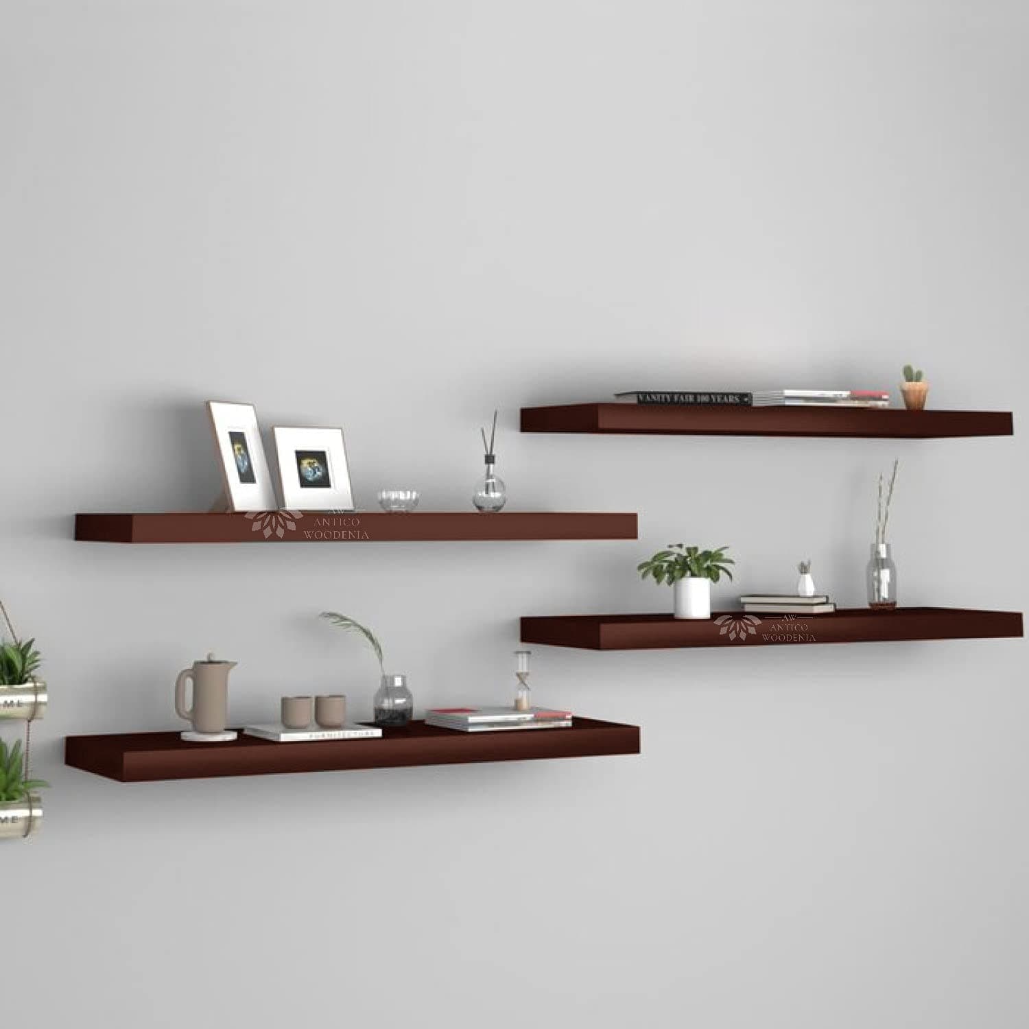 Wooden Floating Wall Shelf| Wall Mount| Wall Rack| Wall Bracket for Home and Office Decor | Big Mounted Cabinets (Large, Set of 4, Brown)