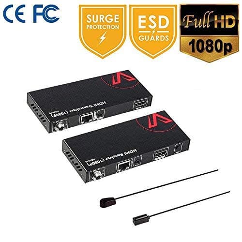HDMI Extender Uncompressed 1080P 60Hz (24bit color), IR Remote Control Over a single CAT5e / 6 / RJ45 Ethernet Cable, HDCP Compliance & EDID, Surge ESD protection, 130ft/40M HDMI Balun