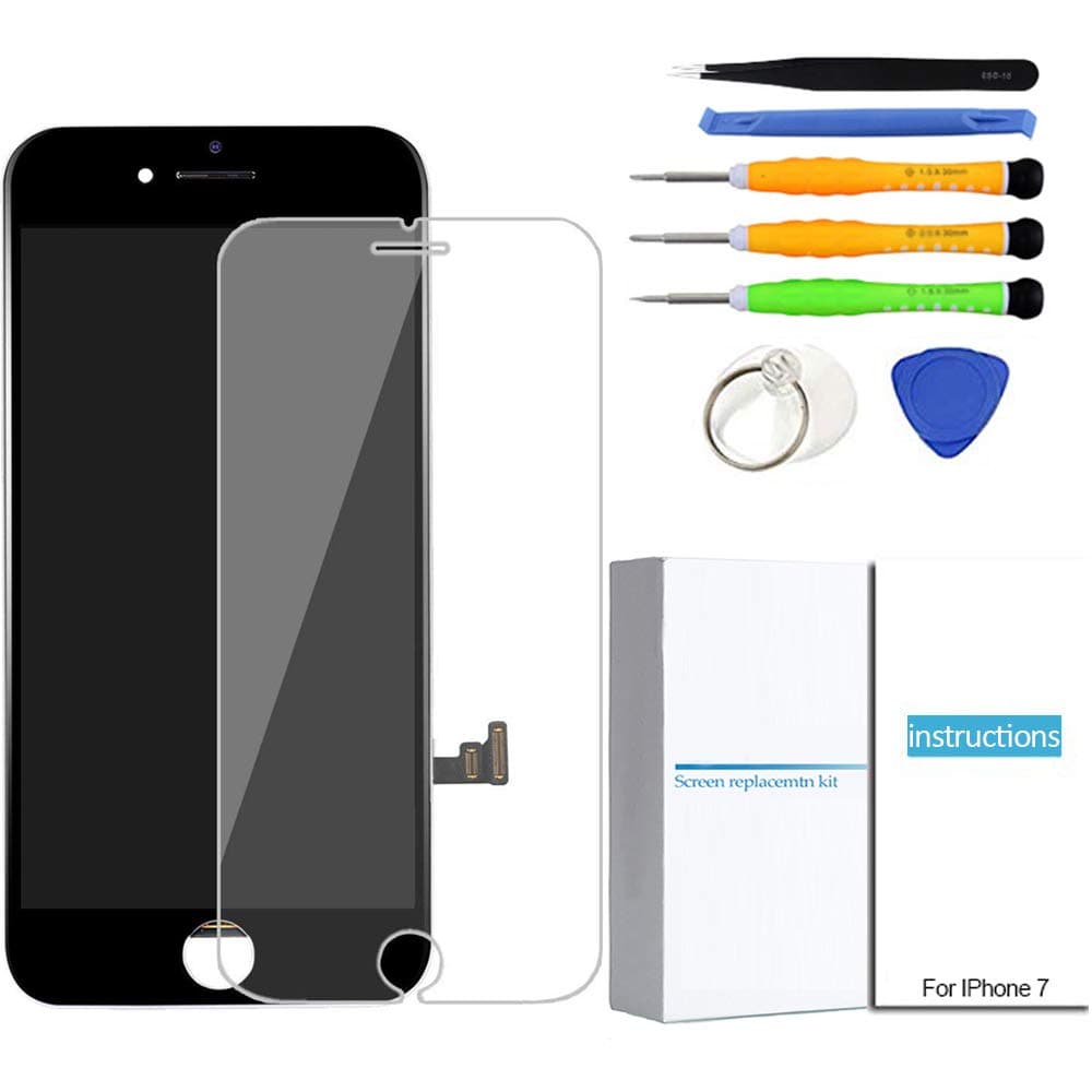iPhone 7 Screen Replacement (Black), LCD Screen Digitizer Display Frame Assembly Kit with 3D Touch & Repair Tools + Glass Screen Protector, iPhone 7 4.7 Inch Only