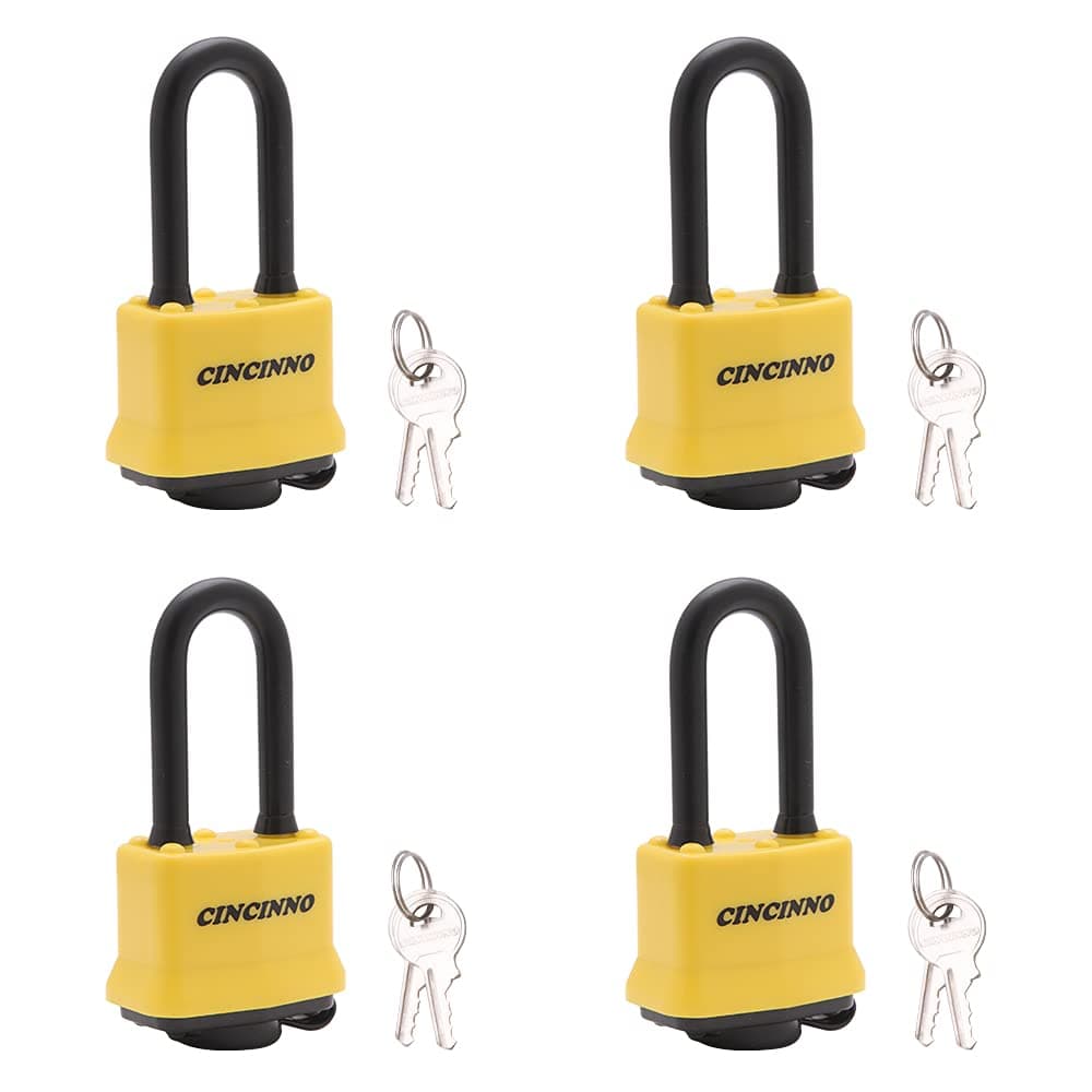 CINCINNO 4 Pack Heavy Duty Covered Laminated Steel Padlocks Keyed Alike, Weatherproof Padlocks with 1-9/16 in. Wide Body, Long Shackle for Gate, Shed, Storage Locker Lock
