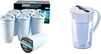 ZeroWater 10-Cup Ready-Pour 5-Stage Water Filter Pitcher + 6 Replacement Filters - 0 TDS for Improved Tap Water Taste - IAPMO Certified to Reduce Lead, Chromium, and PFOA/PFOS
