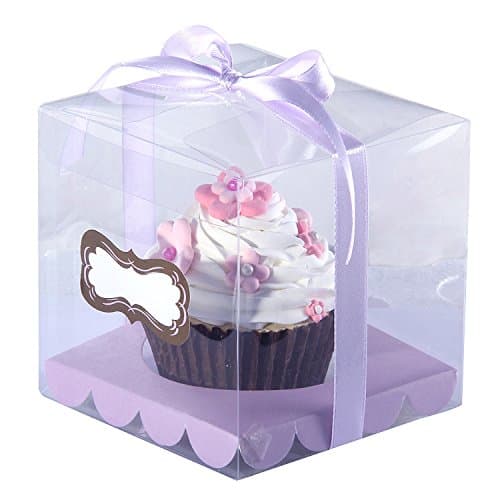 12pcs/Pack 9 * 9 * 9cm PVC Transparent Cupcake Box Clear Cake Box with Sticker and Insert Wedding Cupcake Box Mulit Colors (Purple)