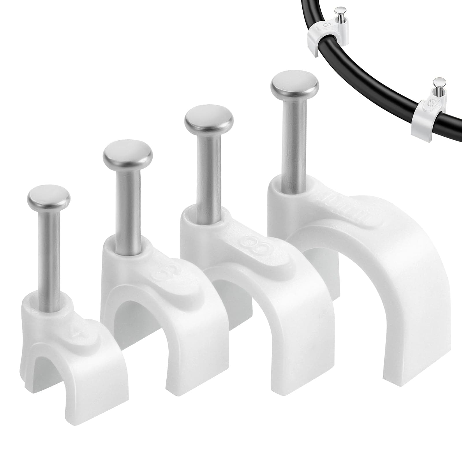 400PCS 4 Sizes Cable Clips White Cable Nail Clips, Strong Electrical Cable Wall Clips Wire Tidy Clips 4mm 6mm 8mm 10mm for Ethernet Cable Telephone Line TV USB Cable