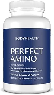 BodyHealthPerfectAmino Easy to Swallow Tablets, Essential Amino Acids Supplement with BCAAs, Vegan Protein for Pre/Post Workout & Muscle Recovery with Lysine, Tryptophan, Leucine (40 Servings)