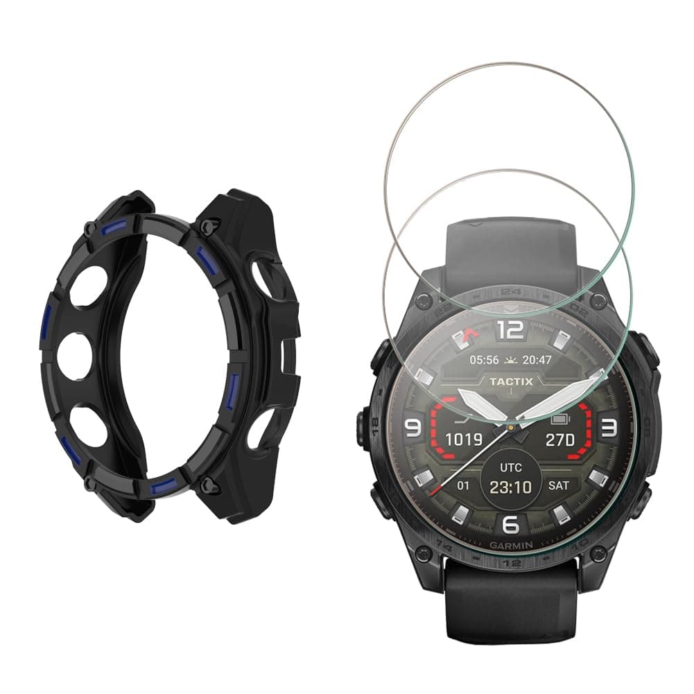 Watch Screen Protector Compatible for Garmin Tactix 8 AMOLED 47mm Smartwatch, 9H Tempered Glass Protective Film Full Coverage and Soft TPU Protective Case (Tactix 8 AMOLED 47MM black blue)