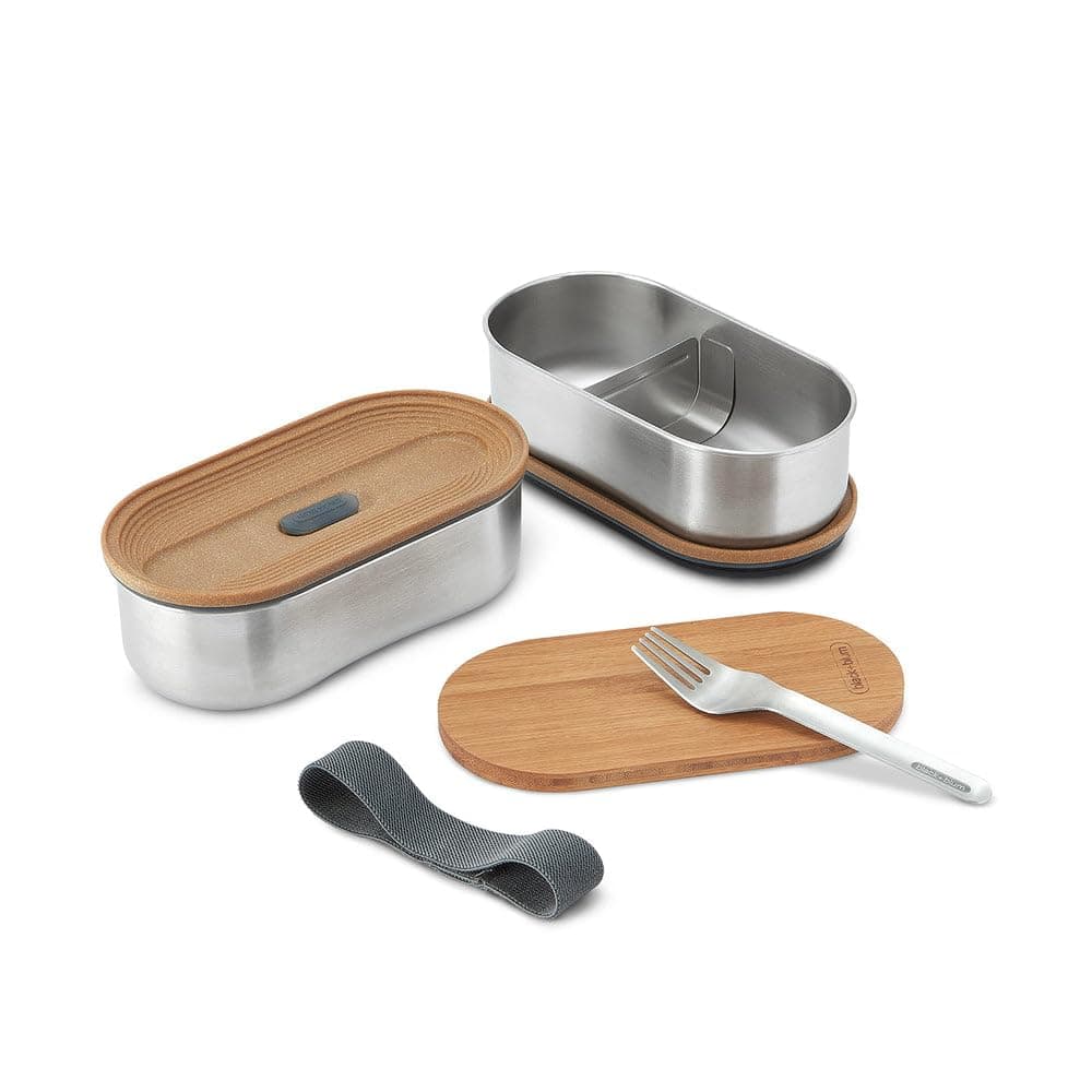 Bento Box - Stainless Steel Stackable Lunch box with Leak Proof, Lightweight, Multi-Purpose Bamboo Lid, Fork Included - Dishwasher and Freezer Safe, Slate - 2 x 500ml