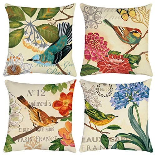 Polyester Throw Pillow Case Cushion Cover Home Sofa Decorative(Cover Only,No Insert) (18x18 inch/ 45x45cm,4 Pack Bird and Flower)