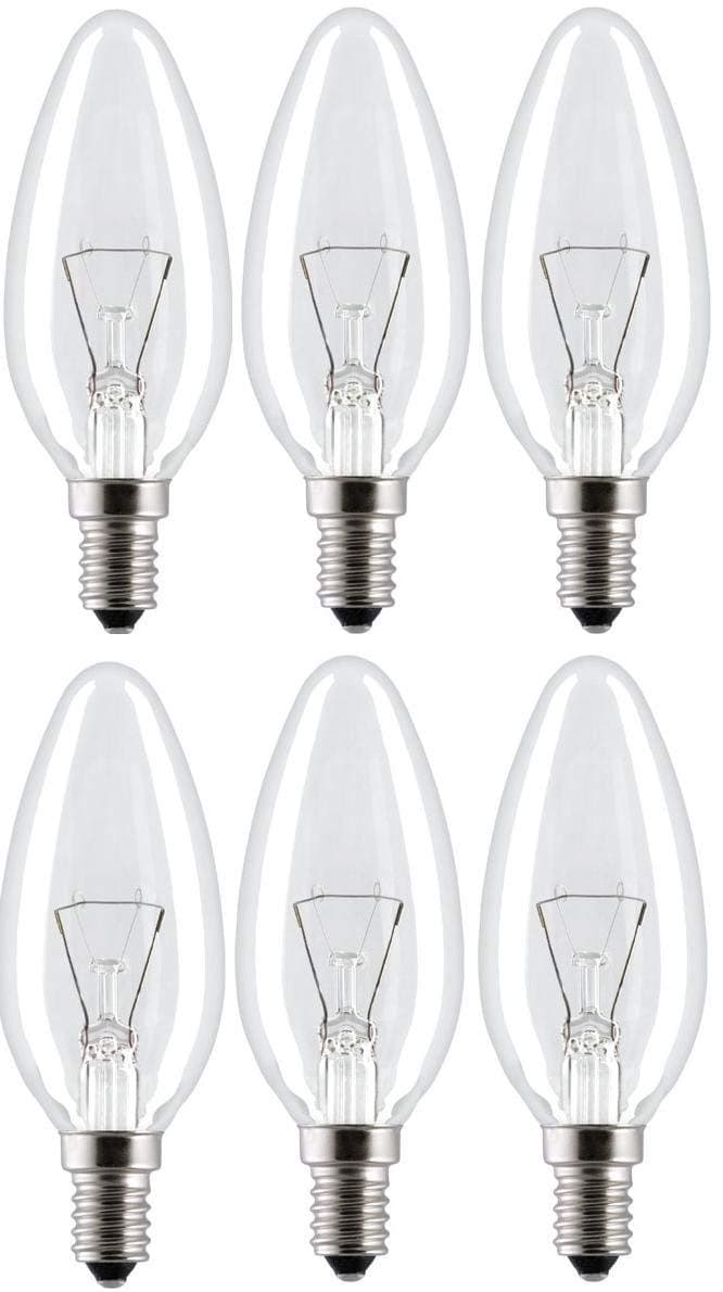6 x 40W Classic Clear Candle Light Bulbs, SES E14 Small Screw, Incandescent Lamps, 390 lm, Mains 240V